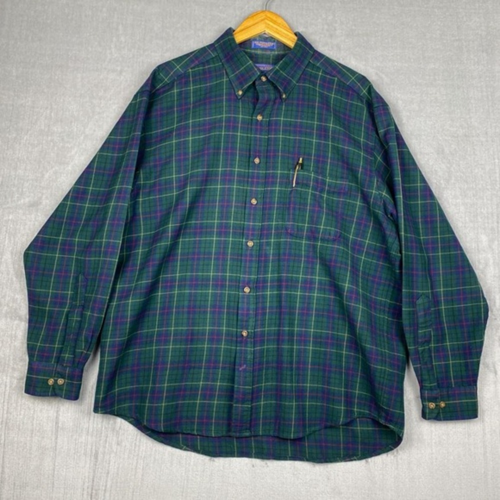 Vtg Pendleton Button Down Mens XL‎ Green Tartan Plaid 100% Virgin Worsted Wool